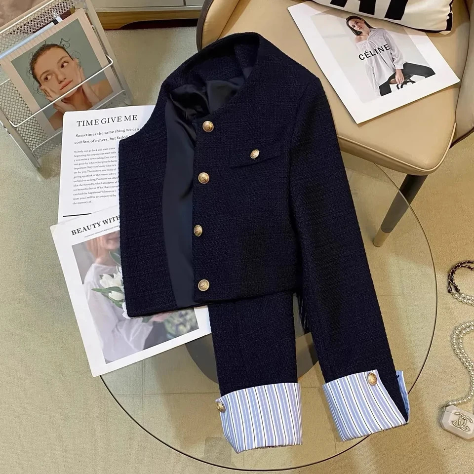 Navy Nlue Small Fragrant style Suit Jacket For women Spring autumn Round neck French Fashion Splicing Short Top 260306