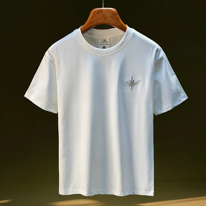Summer highend embroidered Tshirt mens trendy loose and comfortable elastic short sleeved top casual versatile clothing 260302