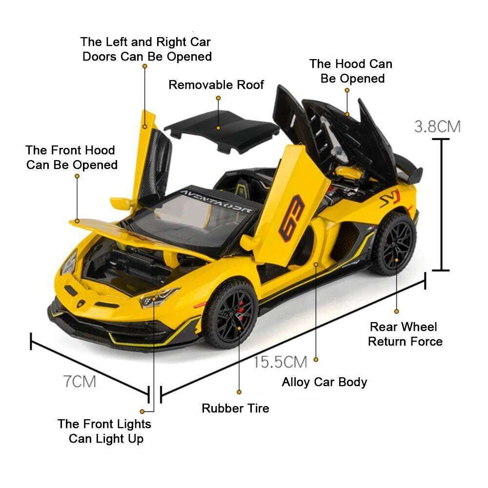 1:32 Lambor Countach LBWK SVJ63 Diecast Alloy Sports Car Model Toys Doors Opened Sound Light Pull Back Vehice Boy Christmas Gift Z260306