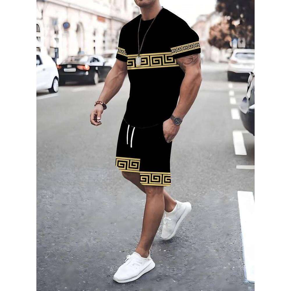 Summer Men's Stripe Print Short Sleeve Tee Elastic Waist 2 Pieces Plus Size Loose O-Neck T-Shirt Pockets Shorts Set