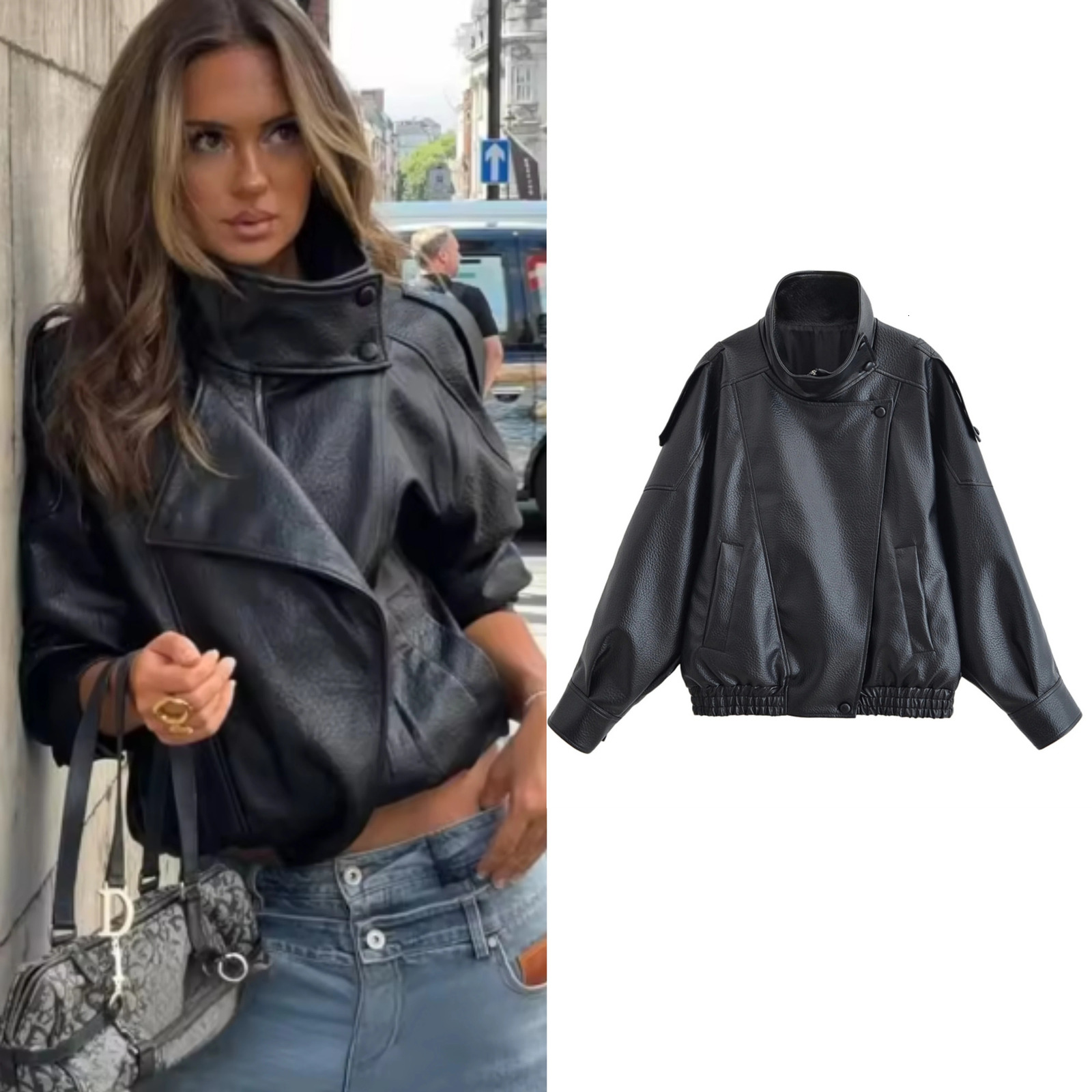 Womens Jacket Fall Black Long Sleeve Pebble Faux Leather Jacket Motorcycle Style Personality Fashion 260306