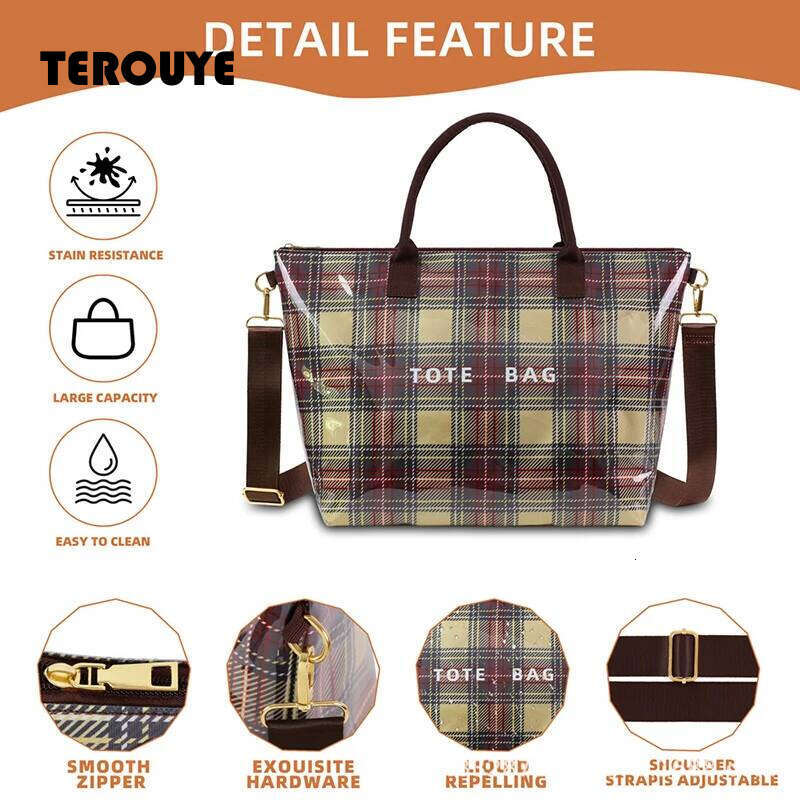 Transparent Plaid Pvc Women's Handbag Large Tote Waterproof Shopping Stylish British Style Simple Casual Commuter Bag TEROUYE