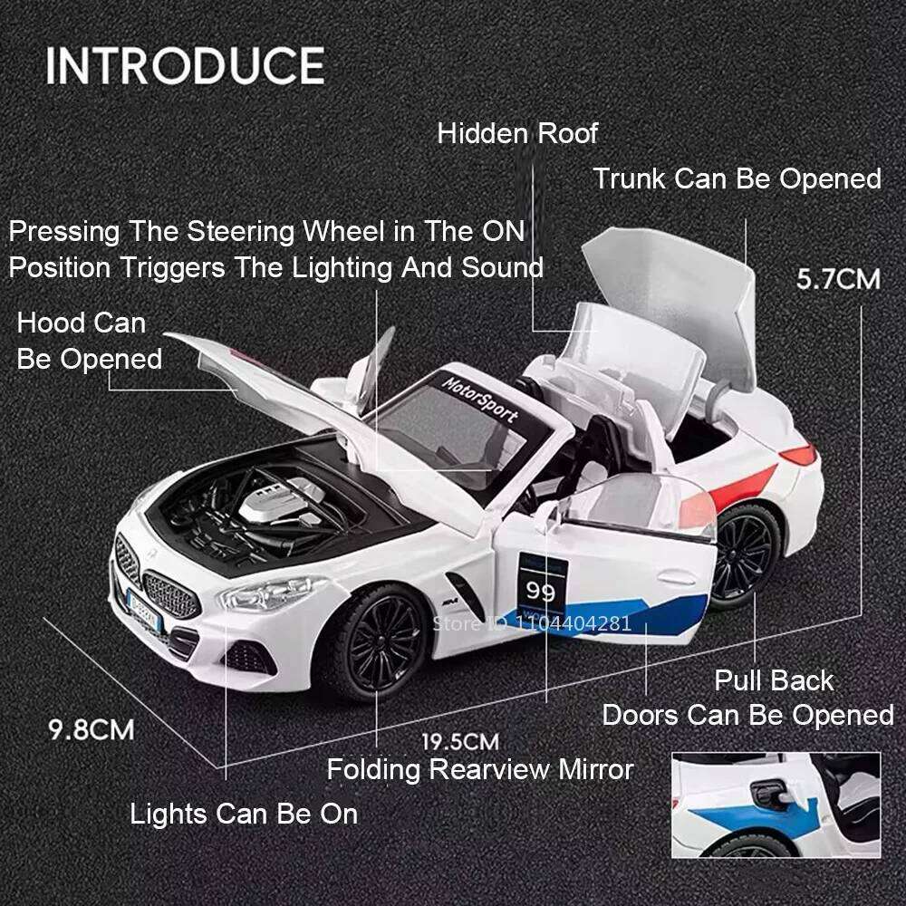 1:22 Z4 I8 Alloy Diecast Model Sports Car Toys Doors Opened Sound Light Pull Back Vehices for Friend's Holiday Gift Z260307