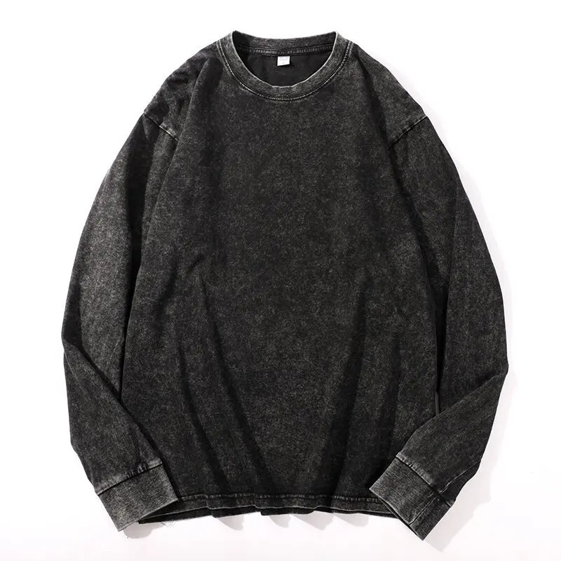 Y2K Fashion Mens Streetwear Black T Shirt Autumn Washed Cotton Vintage Solid O Collared Long Sleeve For Men Techwear 260302