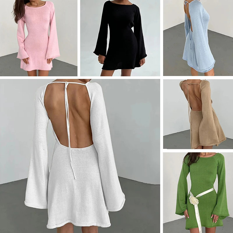 sexy Backless Round Collar CoverUps Solid Color Knit Beachwear Stylish Horn Sleeve Beach suit Female Holiday wrap Dress 260228