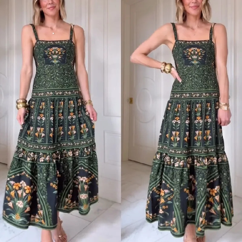 Boho Sling Long Dress Fashion Print Sleeveless Large Swing Party Evening Dresses Casual Retro Holiday Robe Womens Clothes 260306