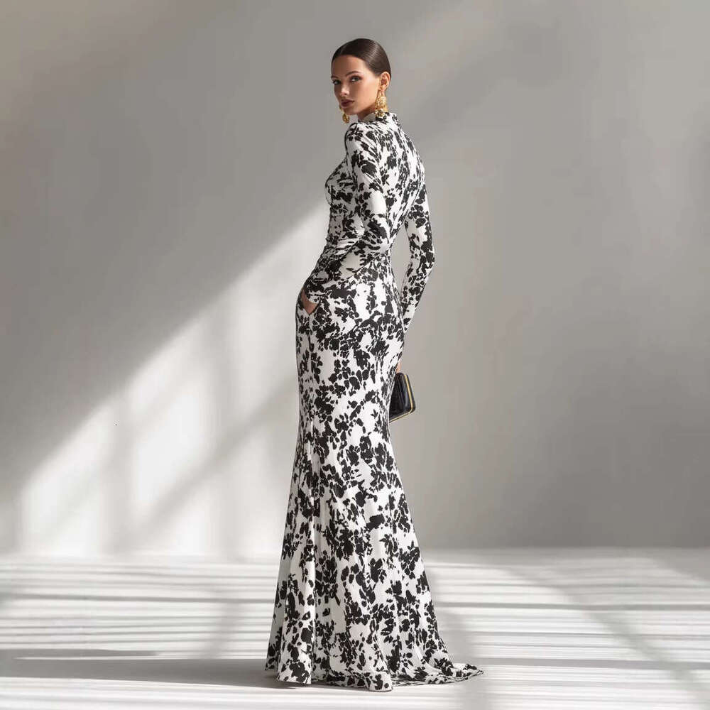 European American Spring And Autumn Fashion Women's Long-Sleeve Printed Pleated Long Elegant Gown Dress