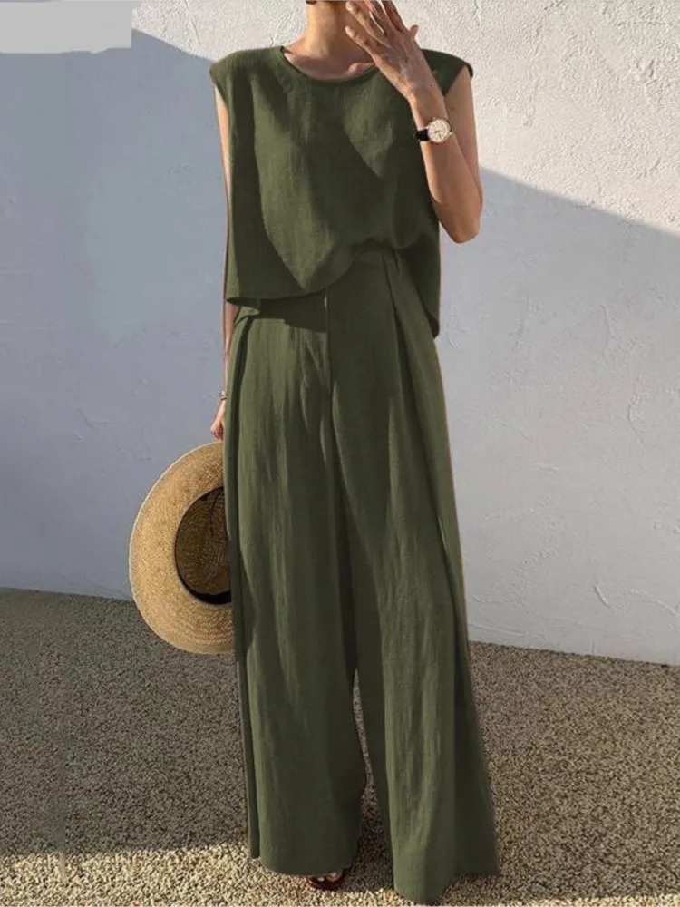 Cotton Linen Fashion Round Neck Sleeveless Vest Wide Leg Pants Two-piece Set Casual Loose Womens Set Style 260304