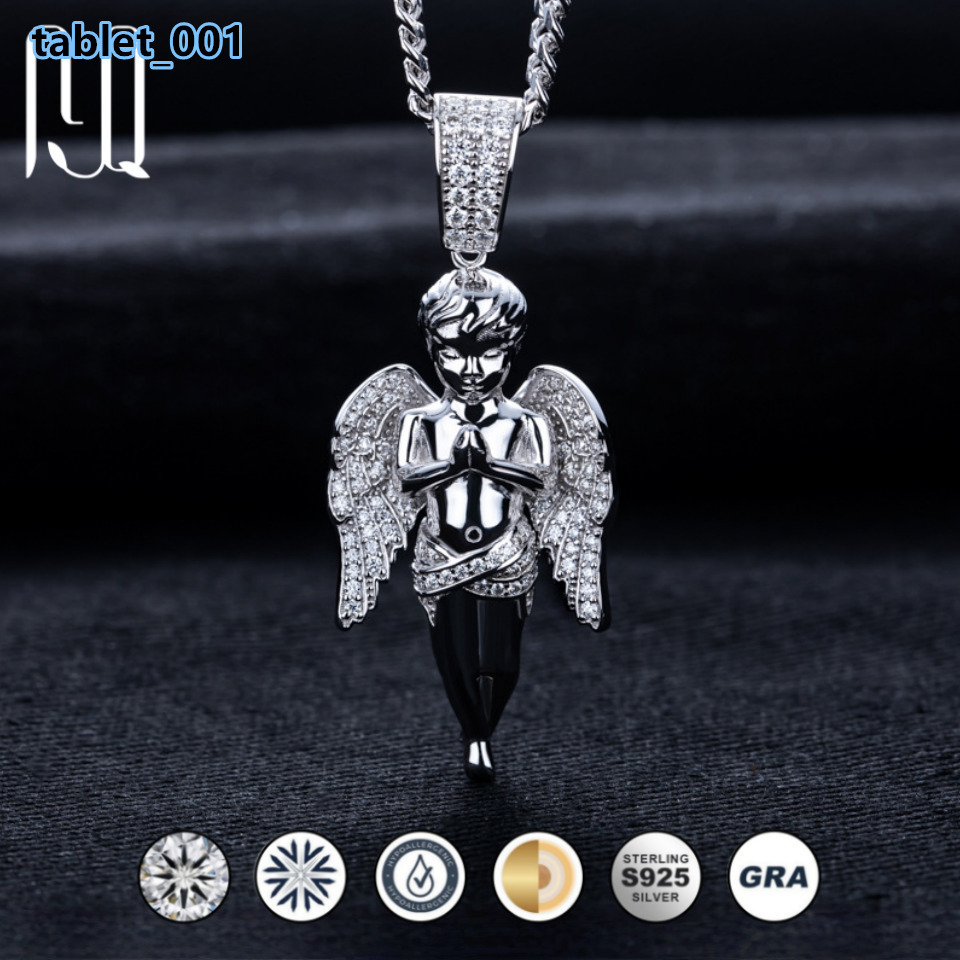 Hip Hop Angel Design Moissanite Pendant Necklace 925 Sterling Silver Edgy Streetwear Accessory