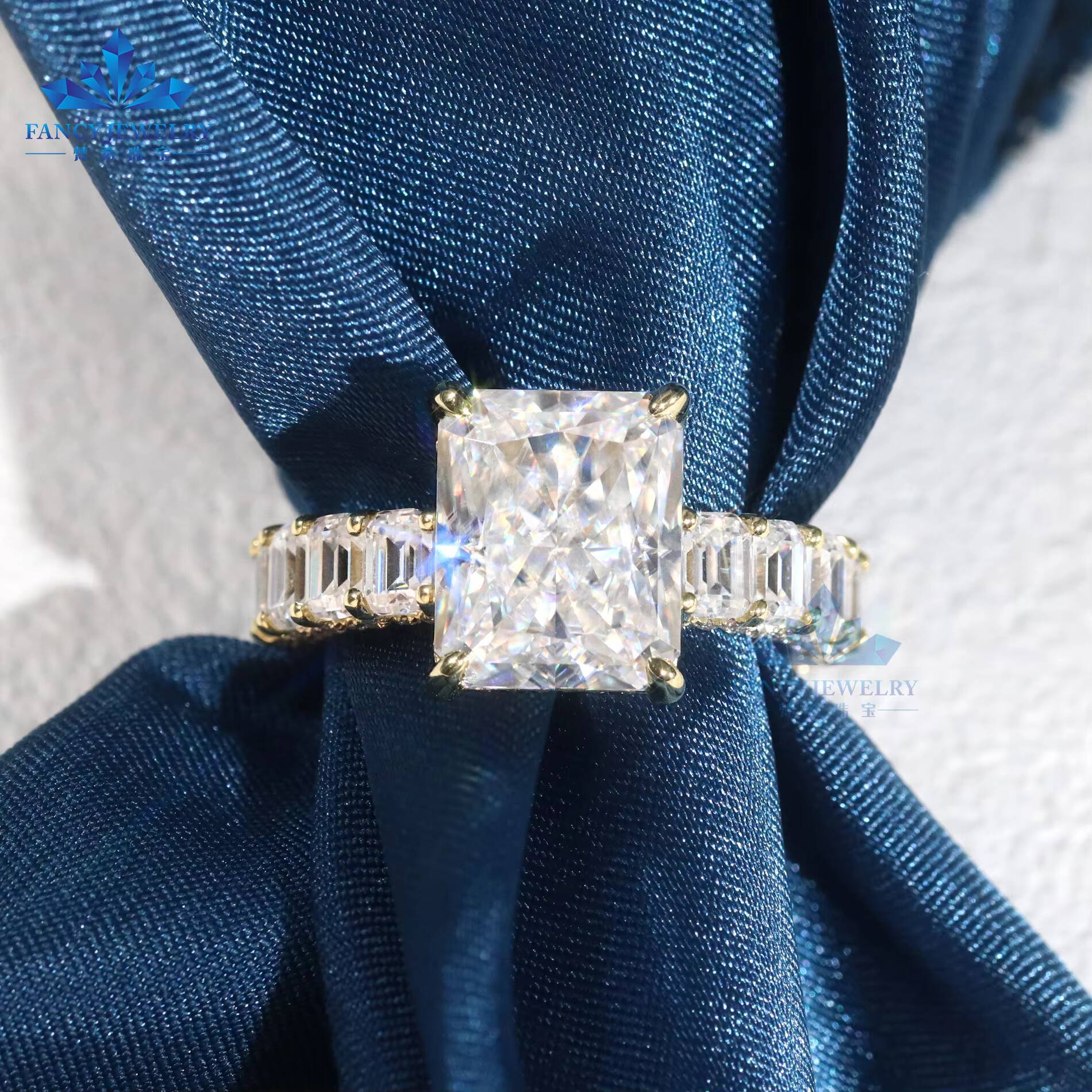 14K Real Gold GRA Certified Radiant Cut 5CT Radiant Cut Emerald Cut Moissanite Wedding Ring Set for Women Wedding Band