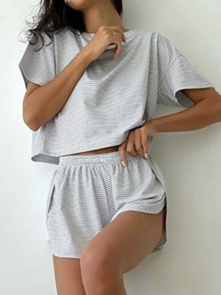 Womens Stripe Pajamas Set Short Sleeve O Neck TShirtSide Slit Shorts Sleepwear 2 Piece For Lady Home Casual Loose Outfits 260306