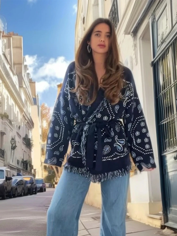 Tassel Patchwork Printed Cardigan Women Fashion V-neck Long Sleeve Loose Outerwears Lady Autumn Daily Commute Street Cardigans 260305