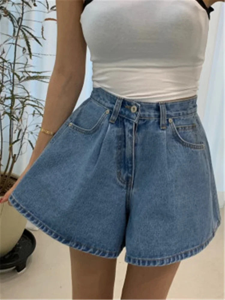 REALEFT High Waist Washed Womens Denim Wide Leg Shorts Summer Buttons Casual Female Blue Jeans Trouses Pockets 260306