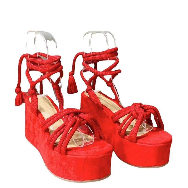 Platform Wedge Strappy Sandals Women Fashion Round Toe Cross Tied Height Increase Open Toe Women Sandals 260306