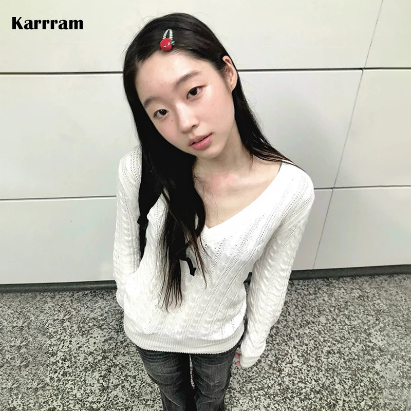Karrram Japanese Y2k Vneck White Sweater Vintage Harajuku Knit Slim Pullover Korean Style Fall Winter Knitwear 2000s Aesthetics 260306