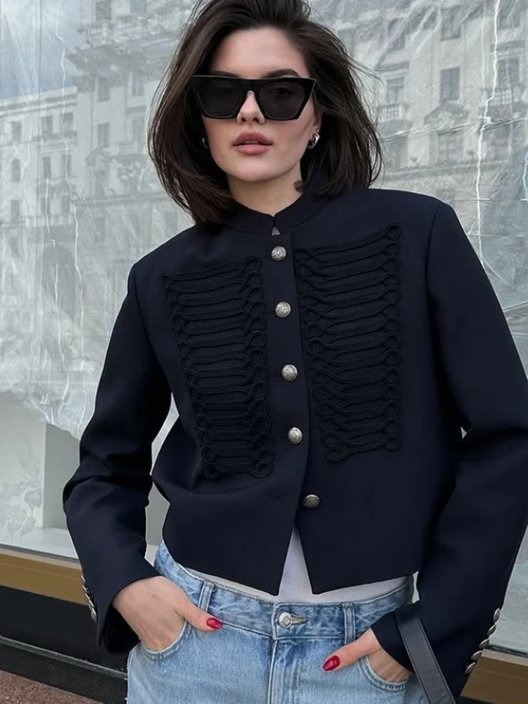 Chic Denim Military Jacket Women Casual Solid Stand Collar Single Breasted Slim Short Coats Spring Lady Daily Street Outfit 2026 260303