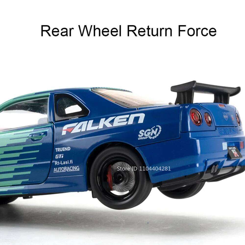 1:24 SKYLINE GTR R34 Alloy Sports Car Toys Model Diecast Cars Front Wheel Steering Sound Light Pull Back Vehices Adult Kids Gift Z260307