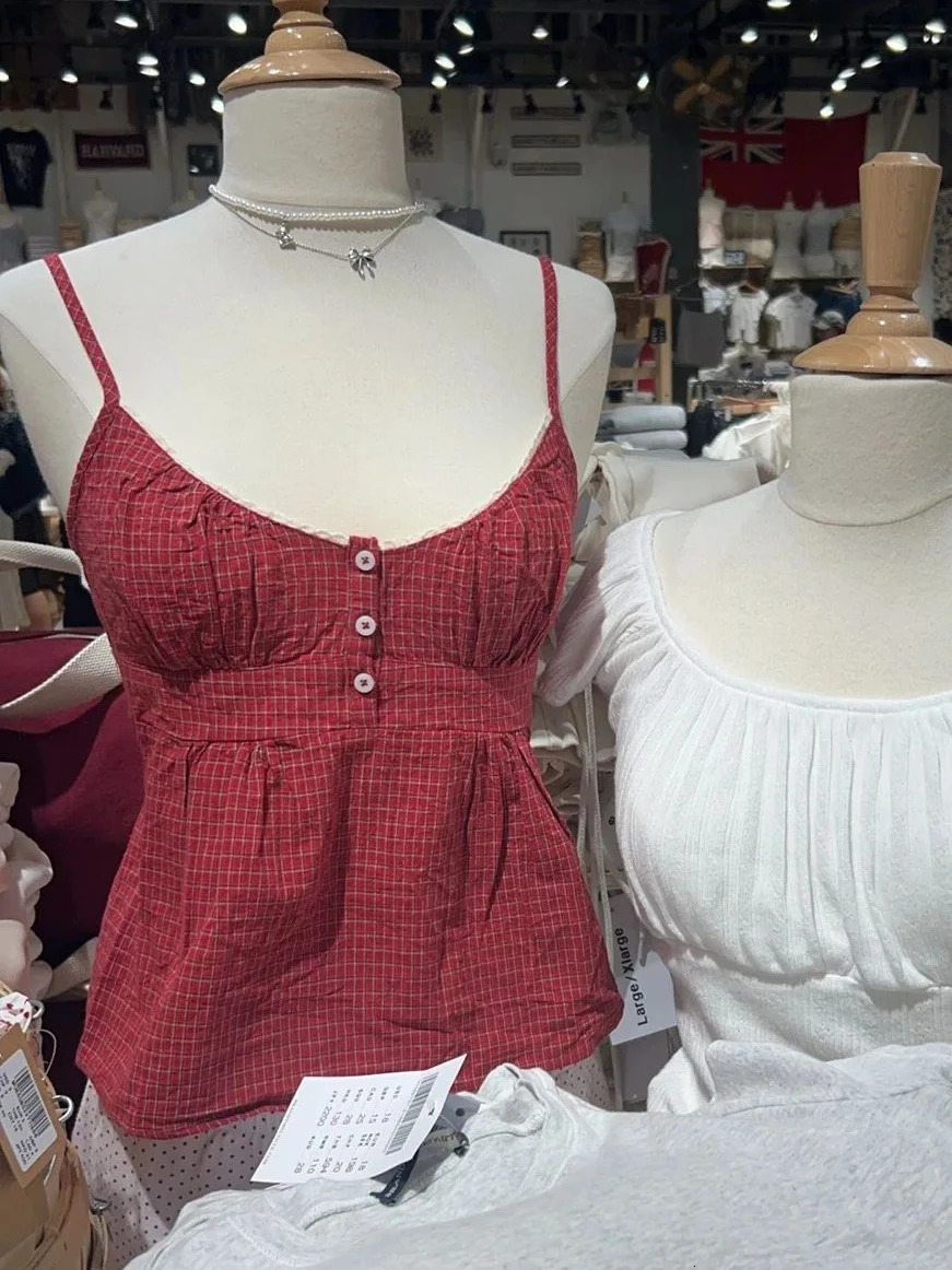 Red Plaid Slim Tank Top Woman Lace Trim Buttons V-neck Back Lace-up Cotton Camis Summer Vintage Streetwear Sweet Crop Tops 260306