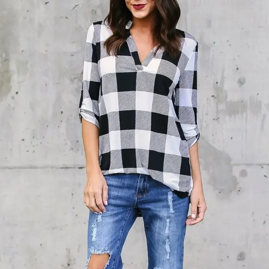 Fashion Plaid Vneck TShirt Woman Top Summer T Shirt Women Clothes Ladies Tops Casual Beach Sun Blusas 260228
