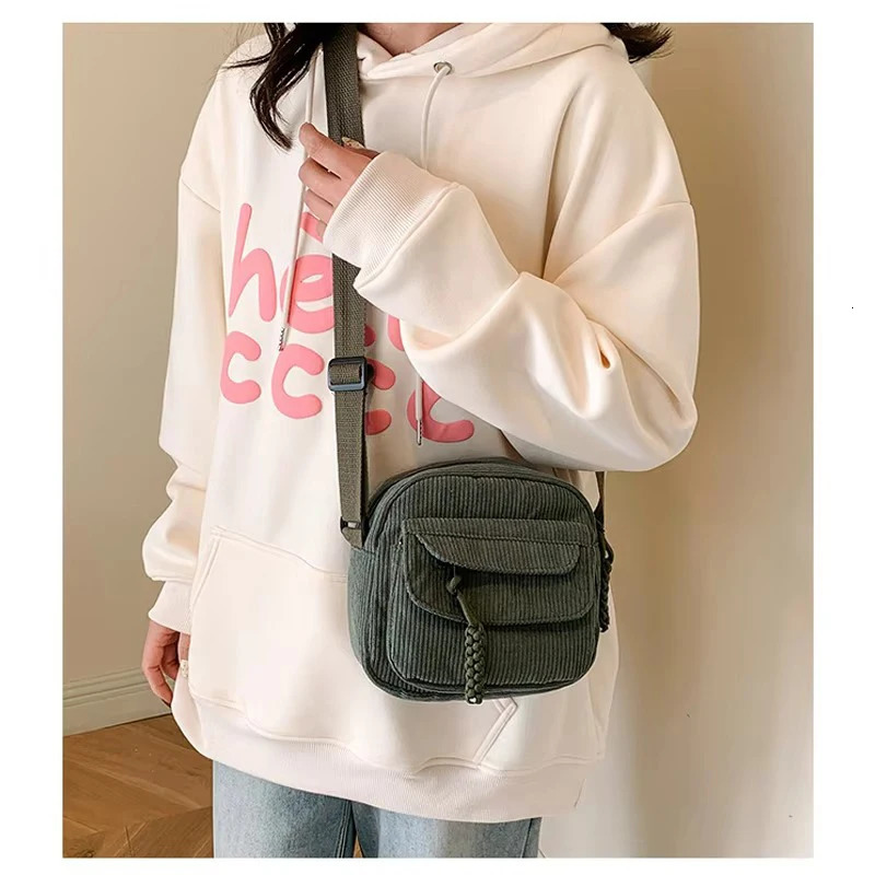 Corduroy Crossbody Bag for Women Casual Harajuku Style Zipper Closure Adjustable Strap Multi Pockets Polyester Lining Beige 260306