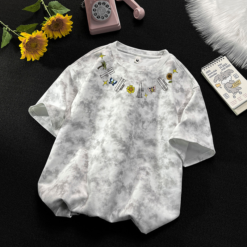 Luxury Brand Designer Clothes American-Style Tie-Dye Faux Suede Short-Sleeve T-Shirt For Men, Summer Printed Trendy Brand, Ins High Street Loose Fit, 