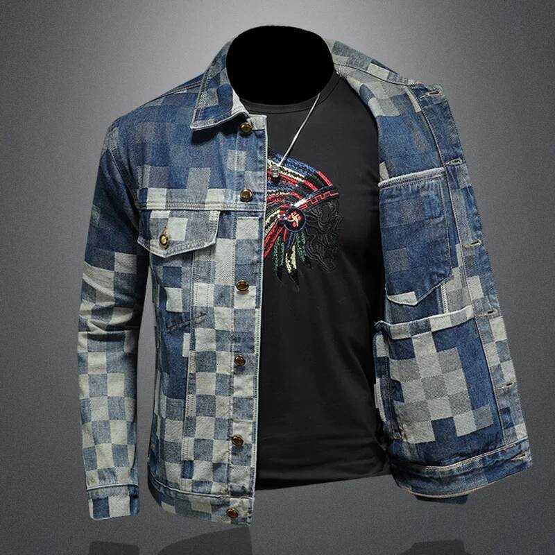 2025 Autumn Vintage Checkered Denim for Men Flip Collar Single Breasted Casual Business Jacket Social Street Wear Jeans