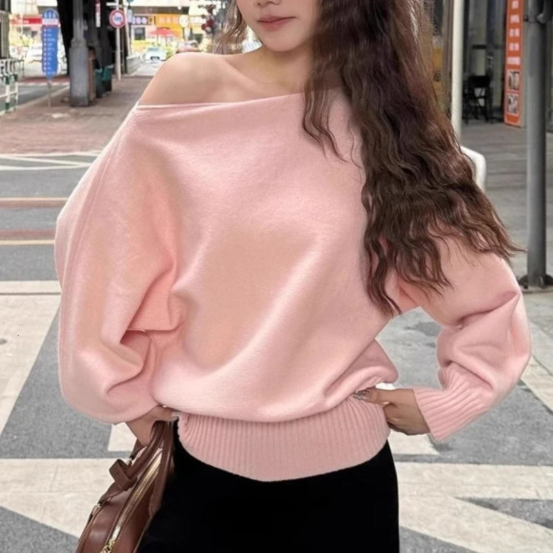 Batwing Long Sleeve Knitted Pullover Women 380g Thick Off Shoulder Top Korean Fashion Sweater Loose Casual Autumn Outwear Pull 260306