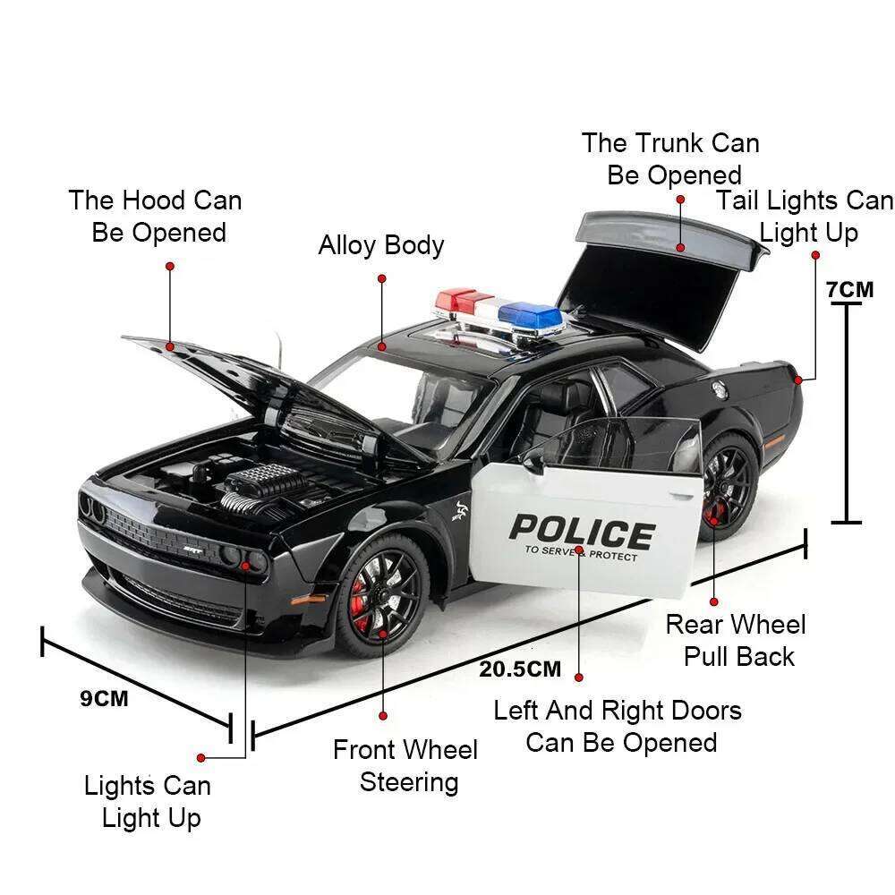 1:24 Challenger SRT Hellcat Police Car Mammoth Charger 1970 Alloy Deicast Toys Miniature Model Doors Opened Sound Light Boy Gift Z260307