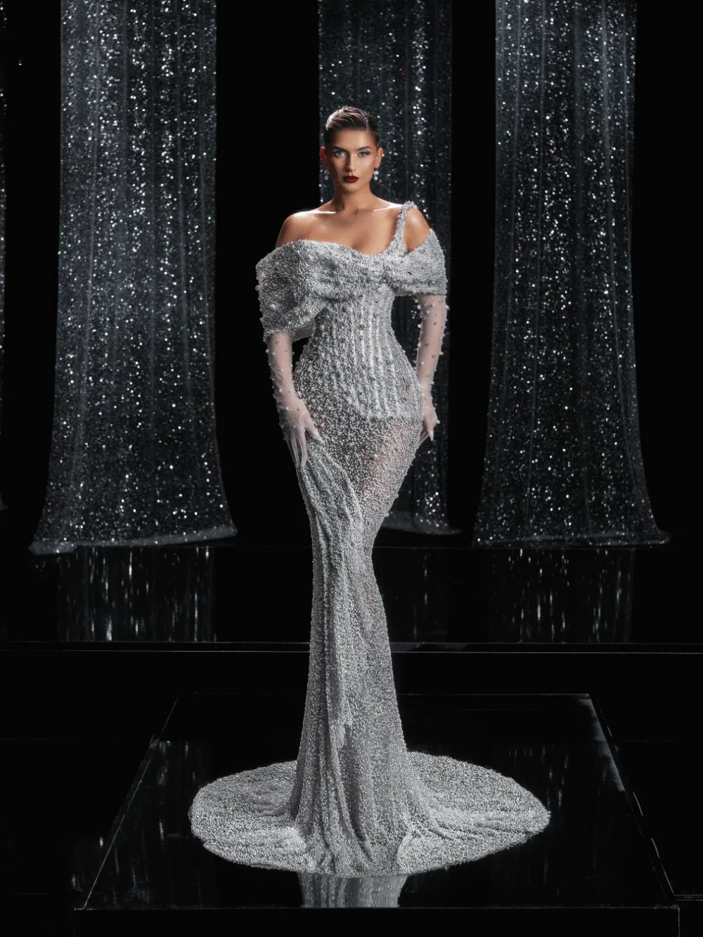 Sexy One Shoulder Wedding Dress Sparkly Sequined Pearls Mermaid Bridal Gown Fashion Floor Length Beaded Bride Dresses Customized