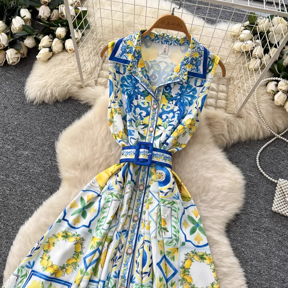 Resort Style Sleeveless Turn-Down Collar Printed Dress For Women Summer Korean Version Tie Waist A-Line Long Dress Elegant And Chic