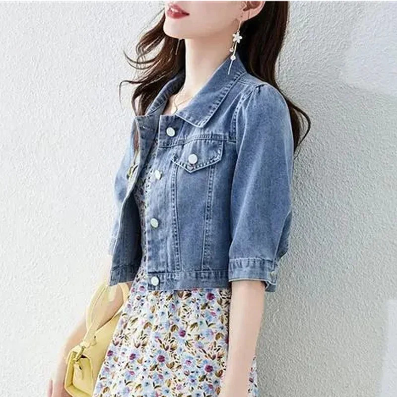 Vintage Crops Trendy Turn Down Collar Jackets Women Basic Solid Outwear Half Sleeve Denim Fit Harajuku Street Denim Jacket Women 260306