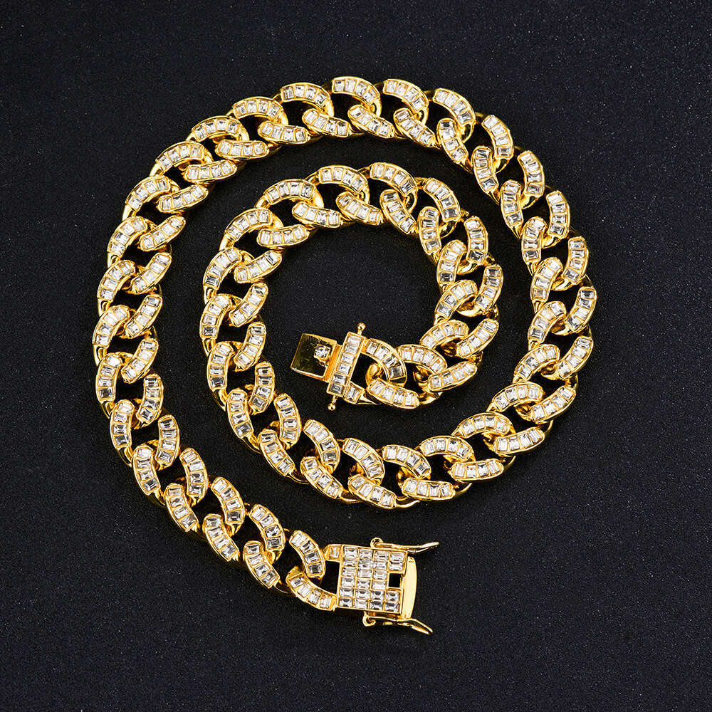 15mm Square Diamond Cuban Chain High-Quality Fashion Alloy Rhinestone Unisex Hip-Hop Necklace Factory Wholesale