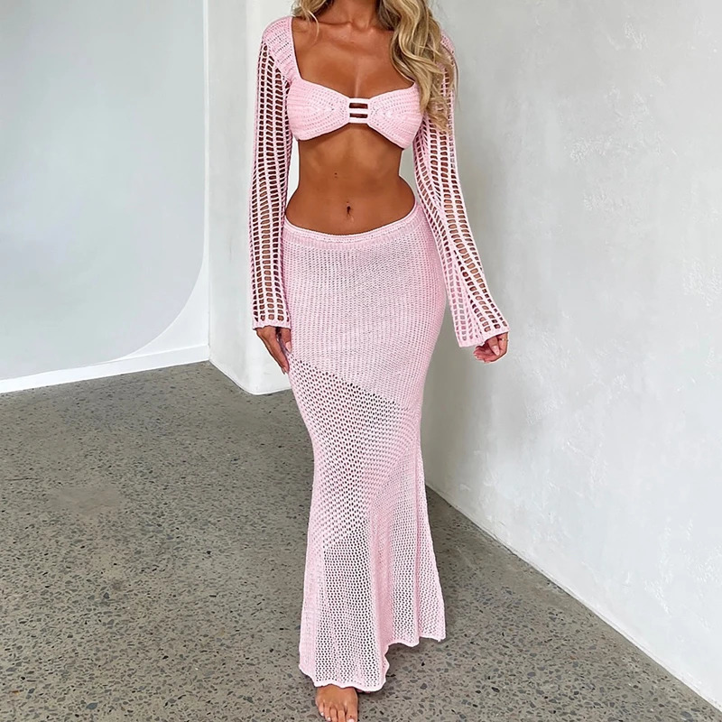 Maemukilabe Vintage 2 Piece Set Knitted Backless Tie Up Crop Tops Low Cut Crochet Hollow Out Tshirt Long Skirt Women Holiday 260306
