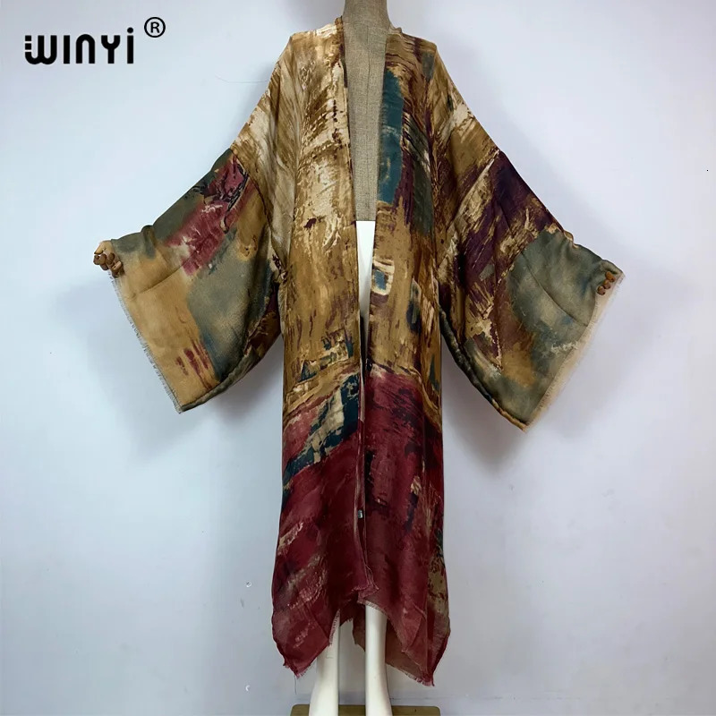 WINYI kimono Oil print Bikini Coverup Elegant beach outfits for women sexy cotton feeling vestidos para mujer dress kaftan 260228