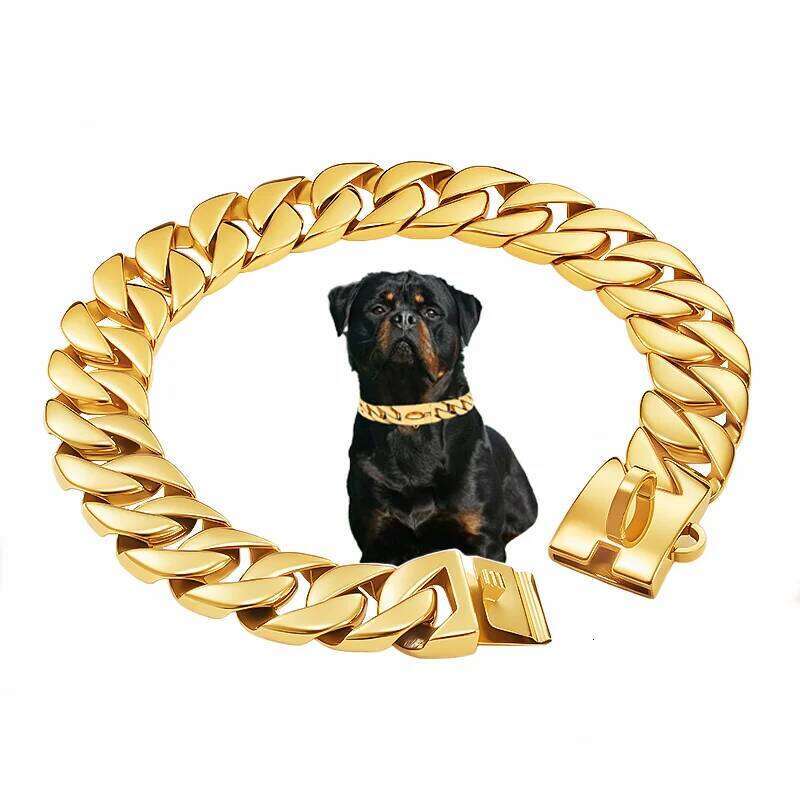 Gold Large Collar 32Mm Stainless Steel Metal Pet Choker For Labrador Rottweiler Cane Corso American Bully Dog Accessories Bamubi