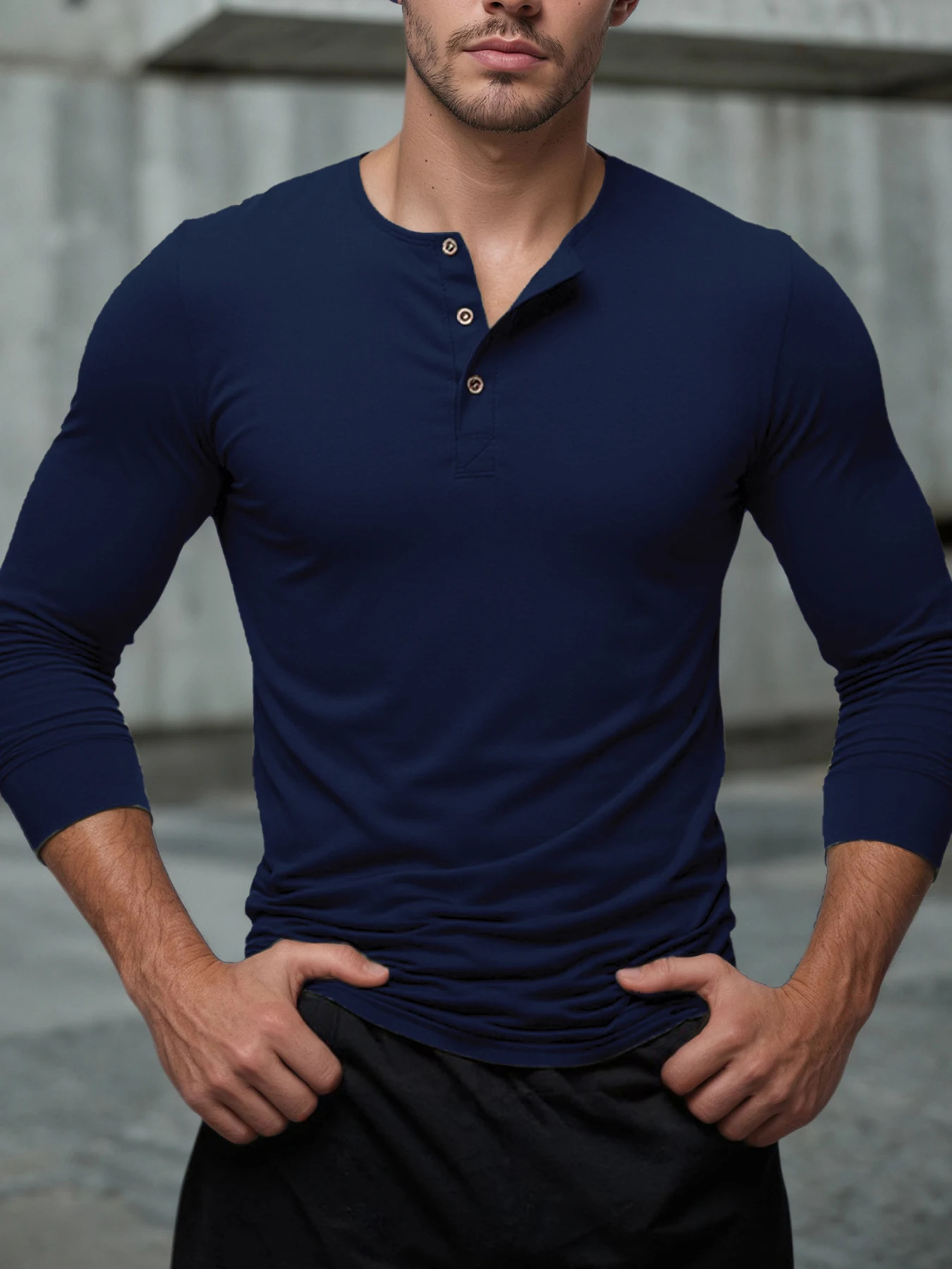 Autumn Henley Collar T Shirt Men Casual Long Sleeve Pullover Solid Color Crew Neck Basic Sweatshirts Top Fashion Slim 260302