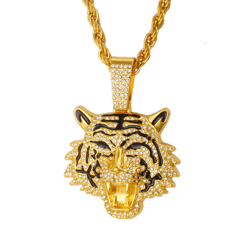 European and American Cross-Border Hot-Selling High-Quality 3D Tiger Pendant Alloy Full Diamond Cuban Chain Hip-Hop Trend Men's Jewelry