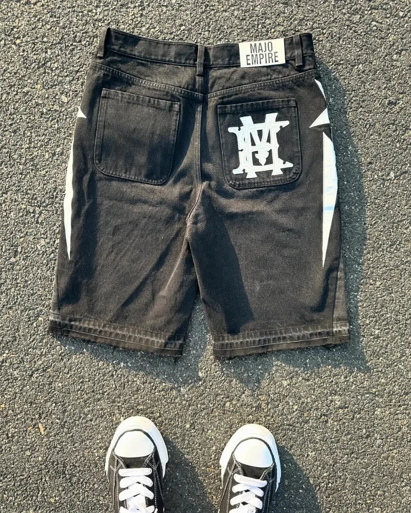 American fashion trend Street style wide-leg Jeans for men Y2k embroidered baggy jeans Goth punk High street casual shorts 260306