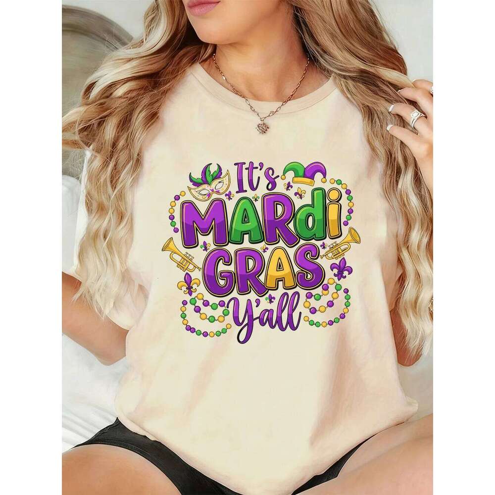 Carnivals It'S Mardi Gras Yall Prints T-Shirt Womens Summer Basic T Shirts Soft Loose Short Sleeve Tops Casual O-Neck Clothes XJ260306 XJ260306