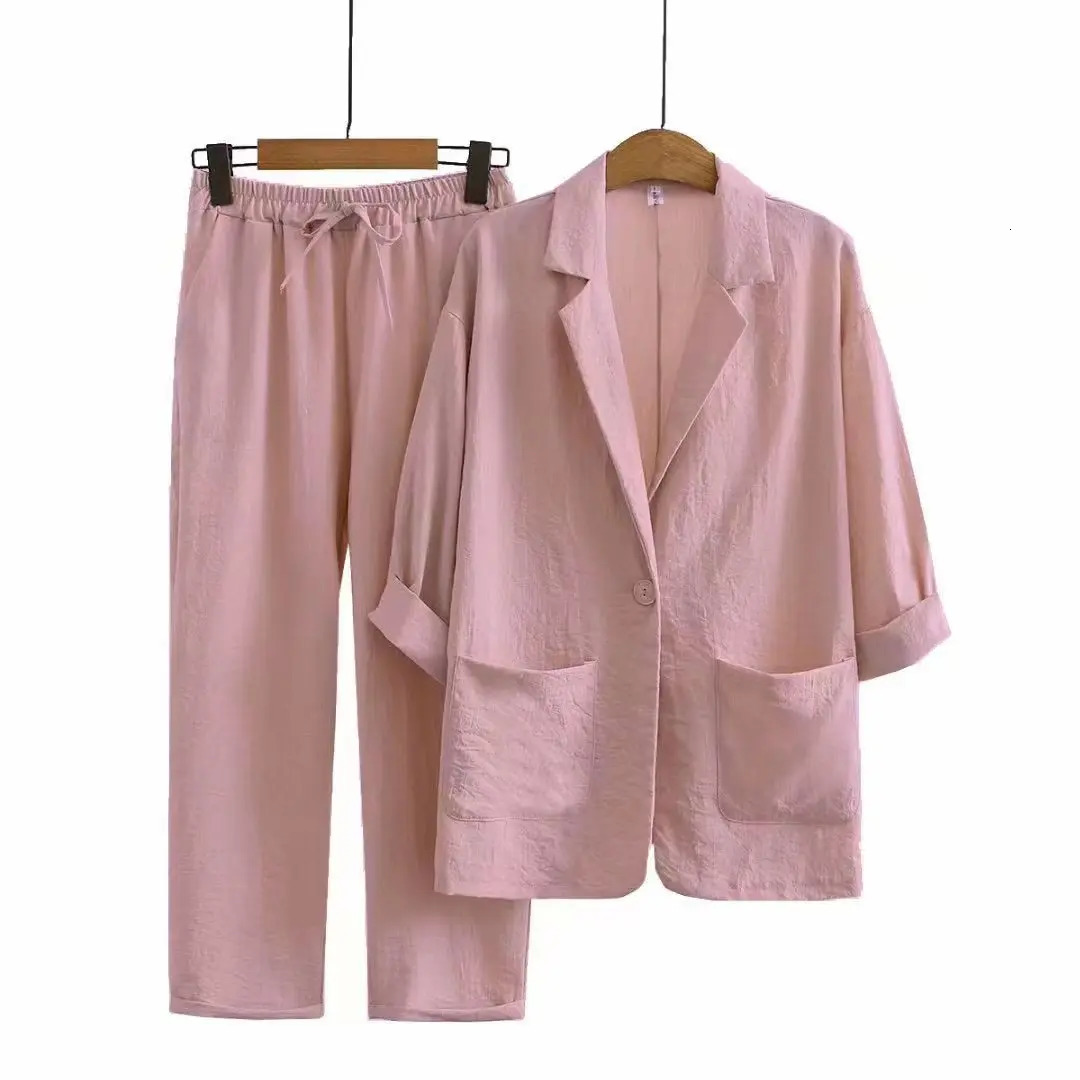 Womens cotton and linen 2-piece suit jacket trousers Spring and autumn loose fashion casual cotton and linen suit top set 260304