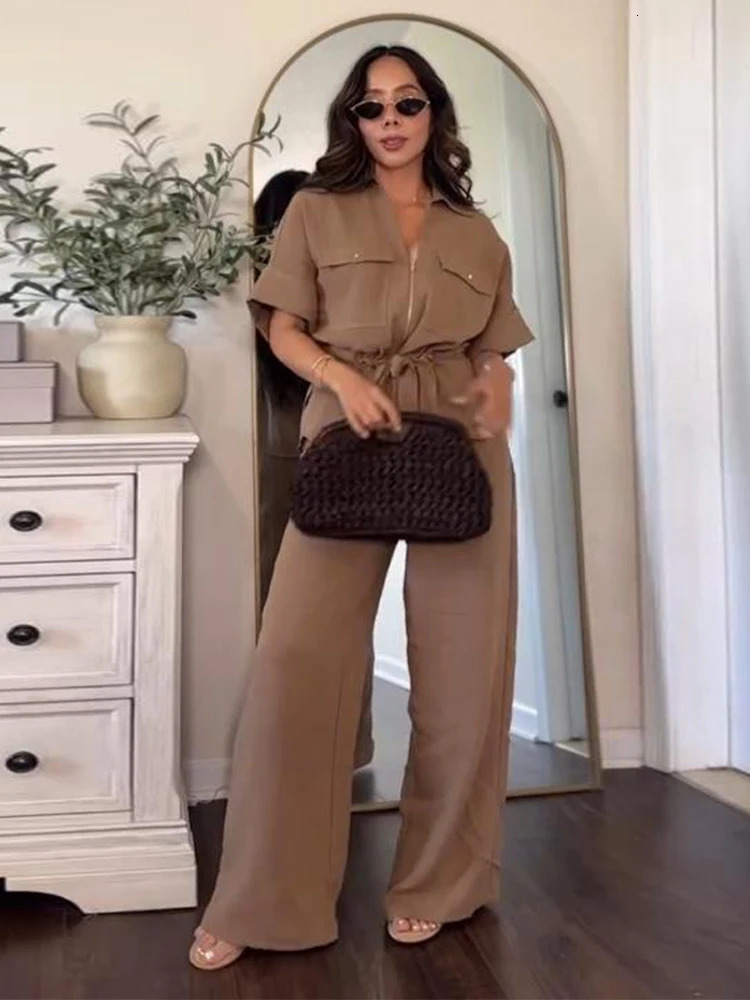 Fashion Solid Cotton Linen Shirt Pants Set Women Casual Half Sleeves Lace Up Top Wide Leg Pants Suit Summer Eleagnt Lady Outfits 260303