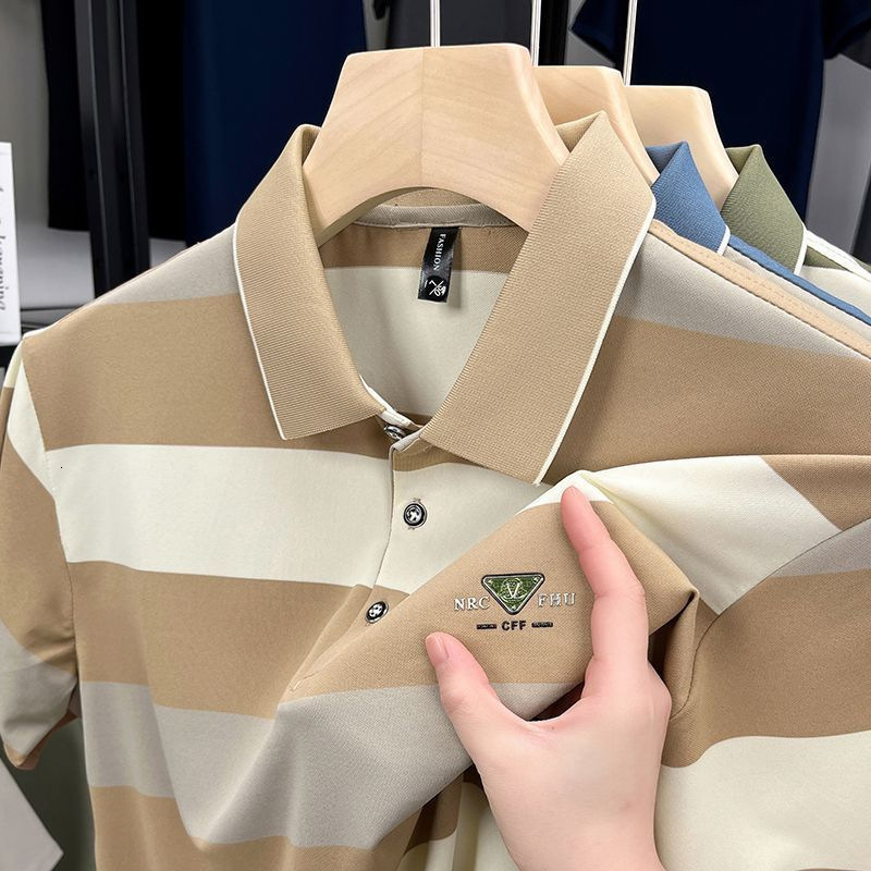Luxury Brand Designer Clothes Summer New Business Casual Color Woven Stripe Polo Shirt Short Sleeve Wide Stripe Turn-Down Collar Short Sleeve T-Shirt 