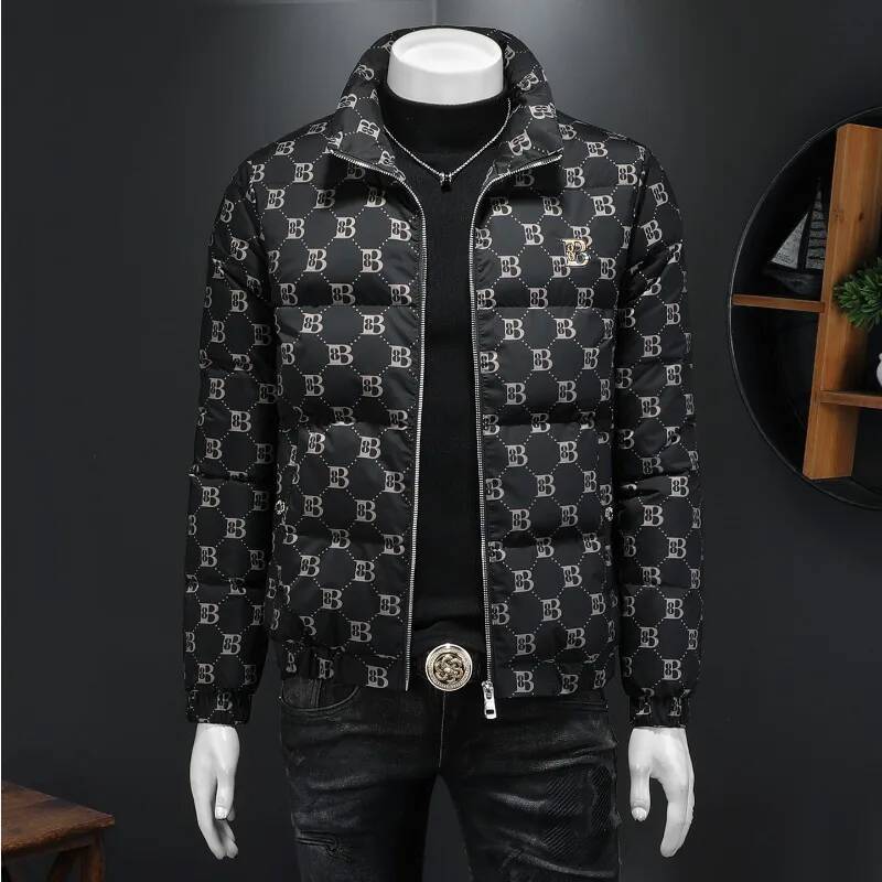 Minglu White Duck Down Stand Collar Men's Jackets Luxury Allover Printed Autumn Winter Zipper Casual Male Coats Plus Size 5XL