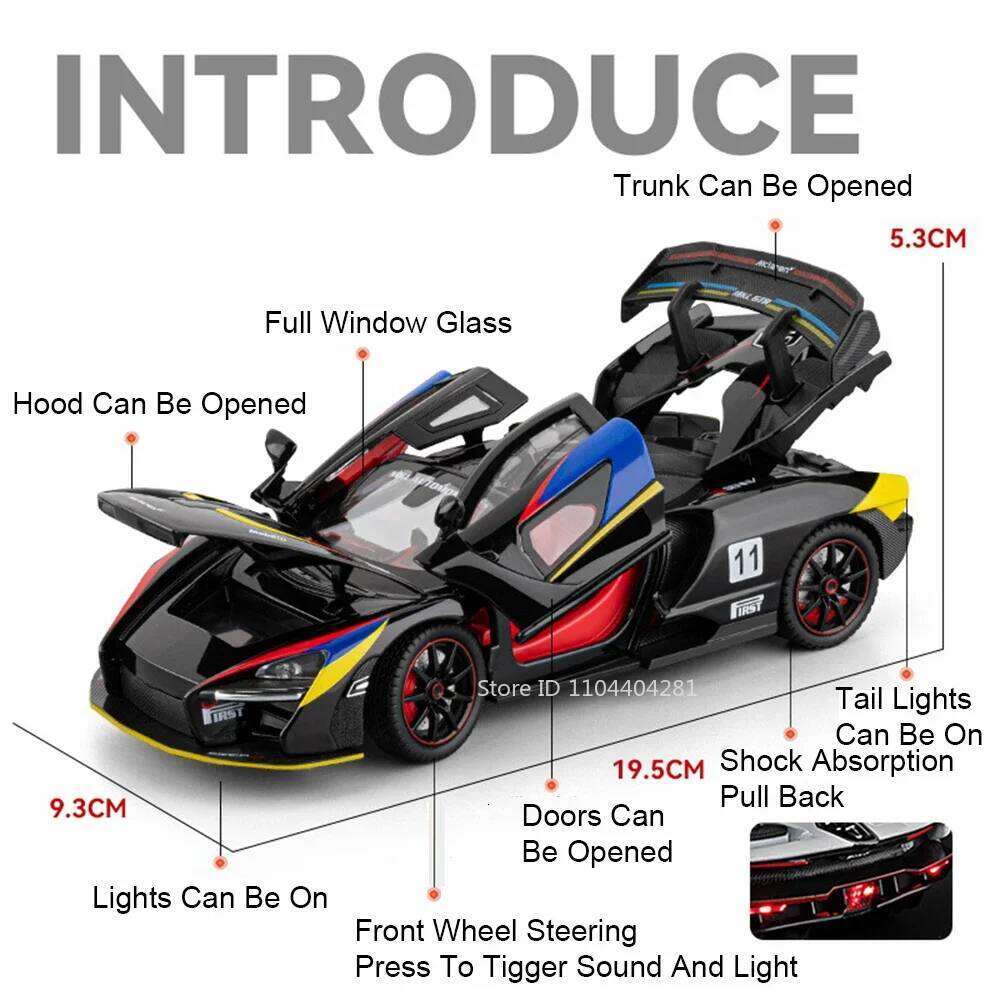 1:24 Senna GTR 720S Miniature Model Alloy Diecast Sports Car Toys Front Wheel Steering Sound Light Pull Back Boys Festival Gifts Z260306