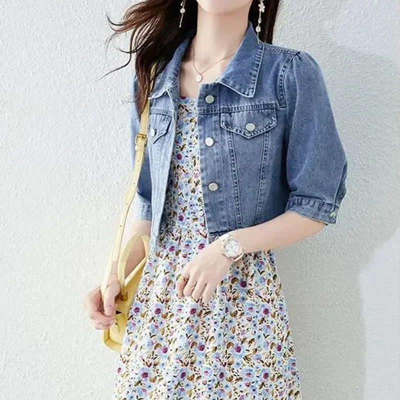 Vintage Crops Trendy Turn Down Collar Jackets Women Basic Solid Outwear Half Sleeve Denim Fit Harajuku Street Denim Jacket Women 260306