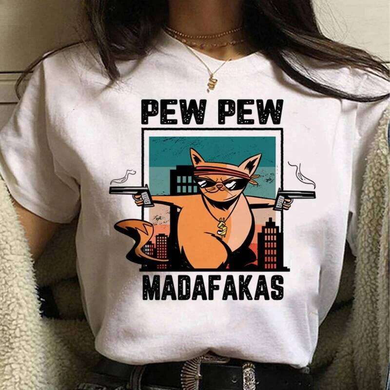 Pew Madafakas T Shirt Women Kawaii Summer Tops Cartoon Tshirt Funny Black Cat Graphic Tees Unisex Harajuku Streetwear Female XJ260306