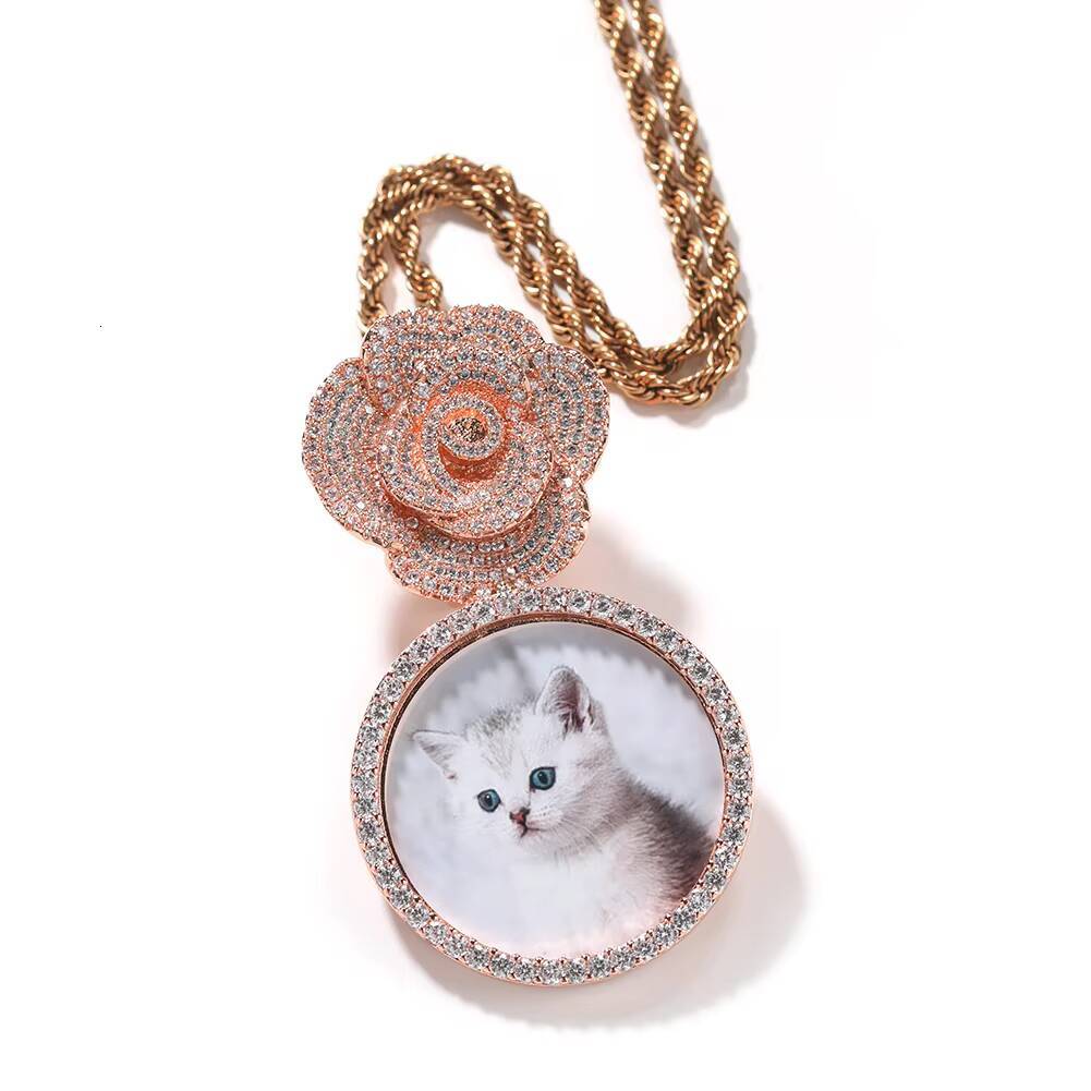 Personalized Round Shape Photo Pendant Rose Flower Hook Circle Picture Memory Necklace