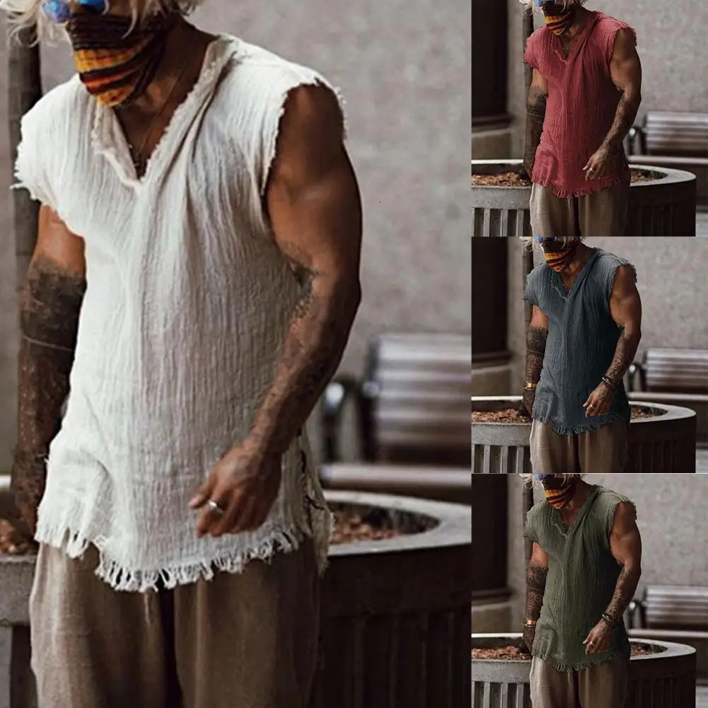 Men Vest Solid Color Casual Leisure Individual Old Style Loose Type Ripped Edge V Neck Sleeveless Men Tank Top Daily Clothes 260306