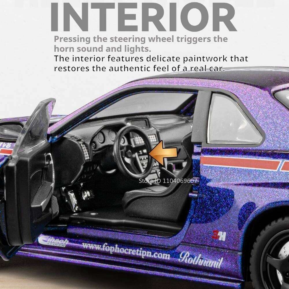 1:24 GTR-R34 S15 Diecast Alloy Model Car Toys Shock Absorption with Sound Light Doors Opened Vehices Kids Fashion Ornaments Z260307