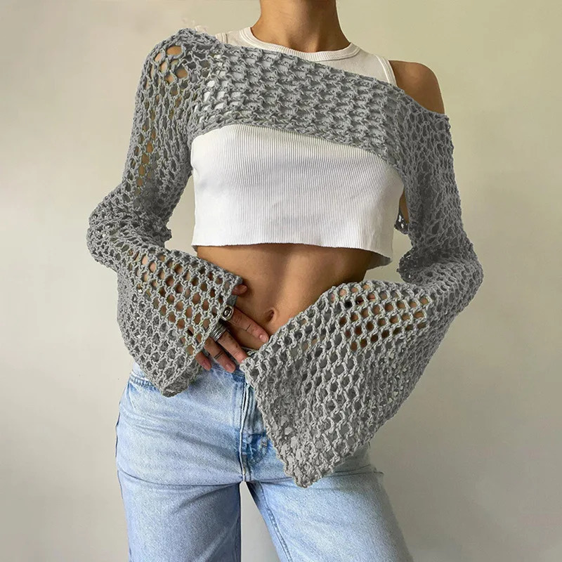 Long Sleeve Crochet Crop Top Summer Knit Hollow Out Mesh Cover Ups Womens Y2k Tops Pullover Streetwear 260306